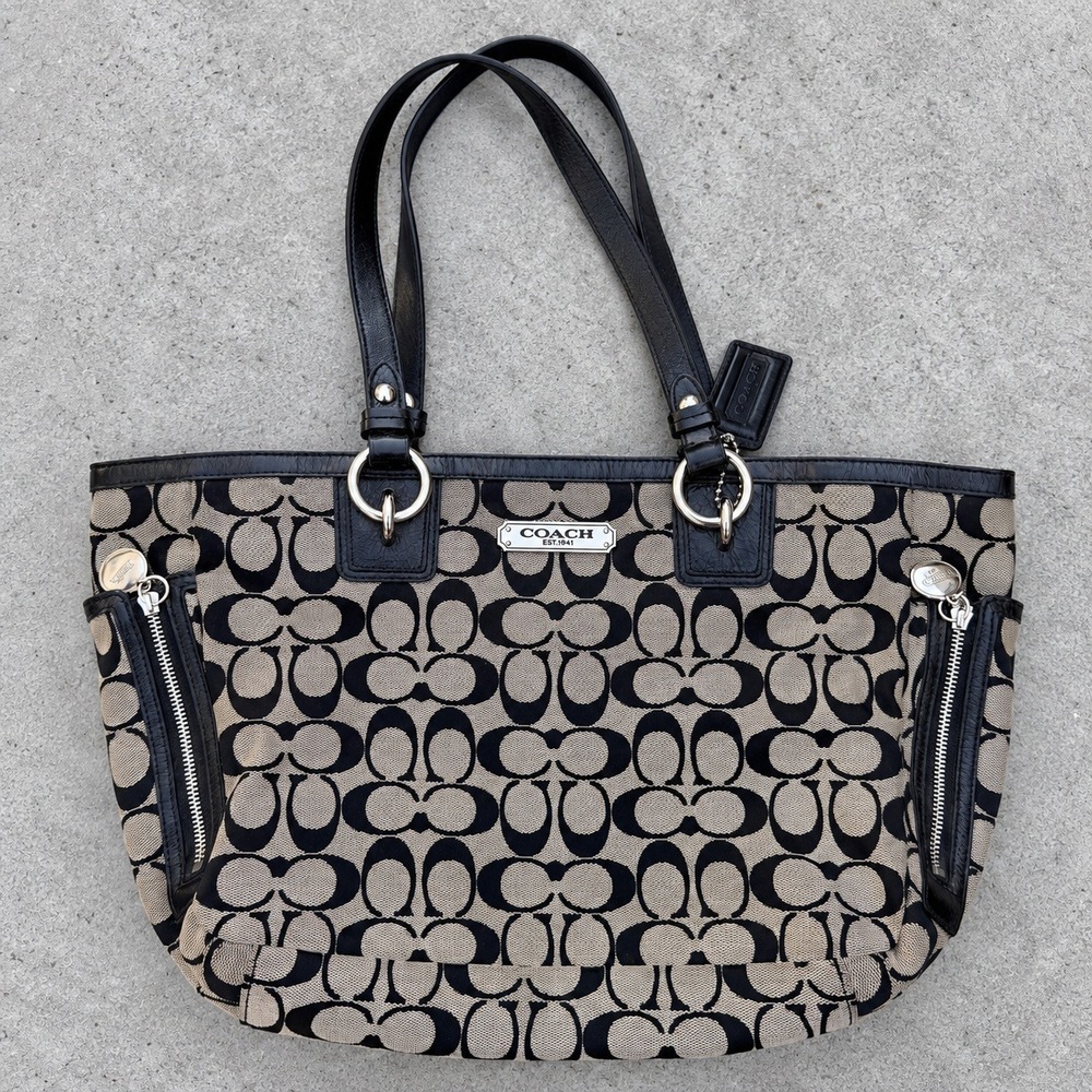 Coach Signature Canvas Tote Bag Black Gray Leather Trim F19249